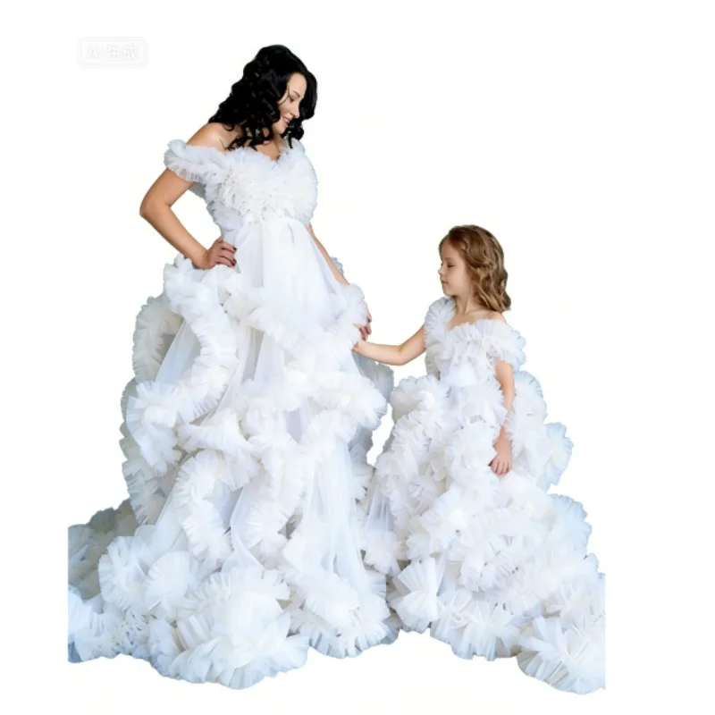 Puffy Ruffled Maternity Photoshoot Dress & Matching Girls Dress – Mother-Daughter Gown Tulle Baby Shower,robe shooting grossesse