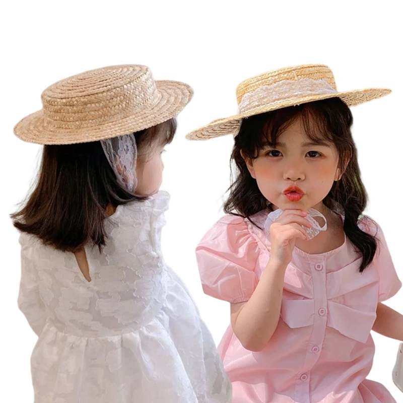 Baby Straw Hat for Girl Sun Protective Flat Top Hat with Lace Strap Breathable Wide Brim Sun Toddler Girl Panama Hat