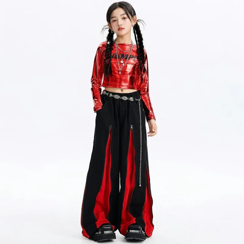 

Костюм для джазовых танцев для девочек, укороченный топ с коротким вырезом, корейская версия, комплект широких брюк для детского джазового подиума, выступления