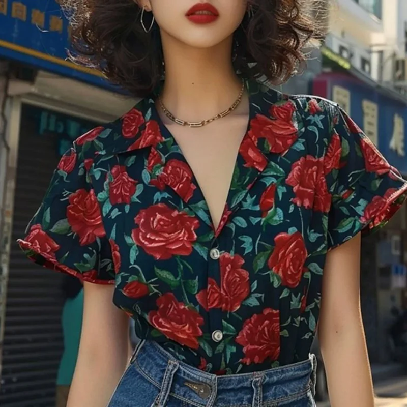 Summer Korean Fashion Printing Multicolor Turn-down Collar Short Sleeve Blouse Summer Trend Vintage Floral V-neck Shirts New