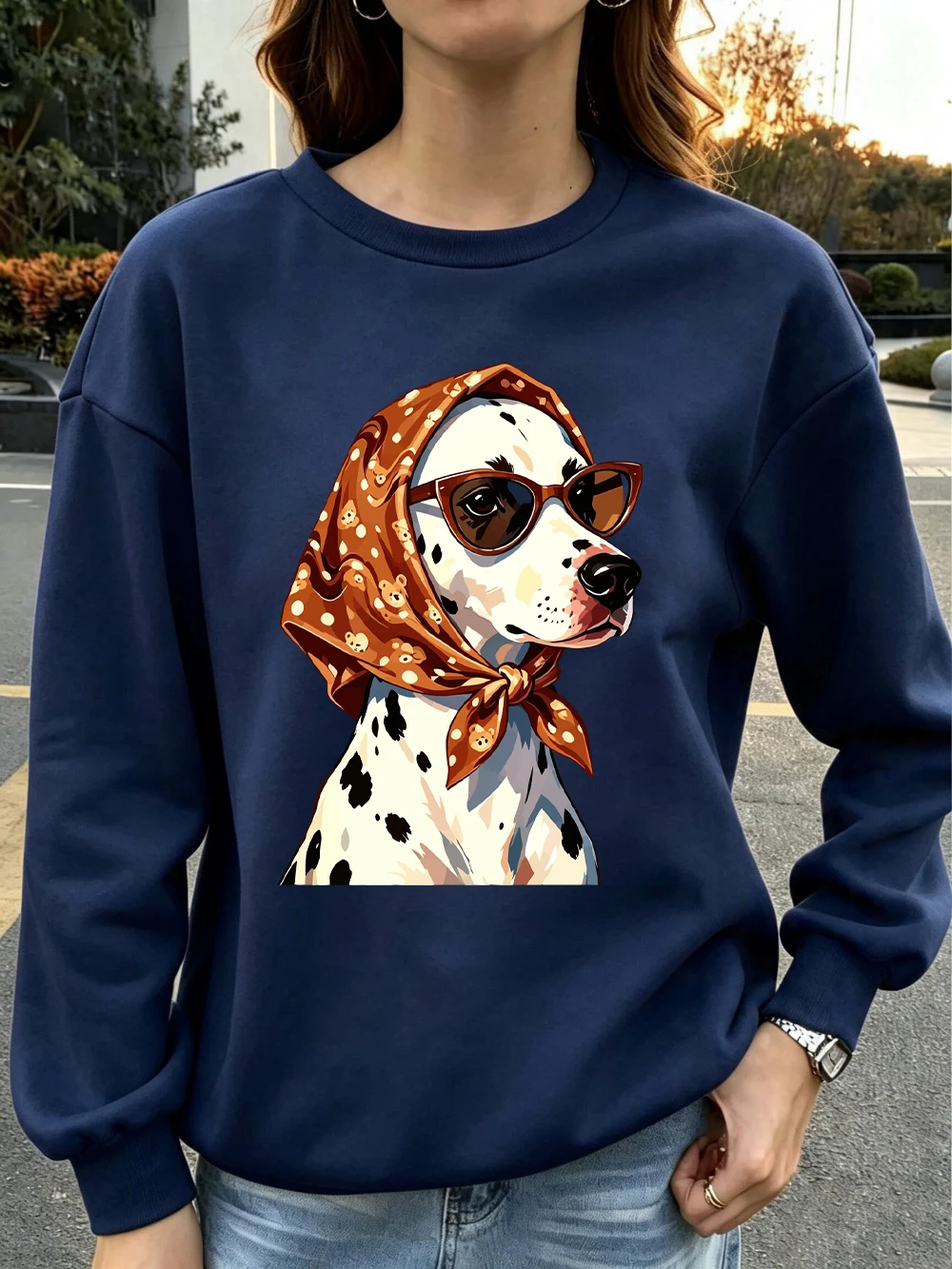 Braunes Kopftuch, Sonnenbrille, Hundemotive, Sweatshirt, Damen-Sweatshirt mit Rundhalsausschnitt, Basics-Hoodies, lockerer, warmer Fleece-Pullover, Herbstkleidung für Damen – Detail 19