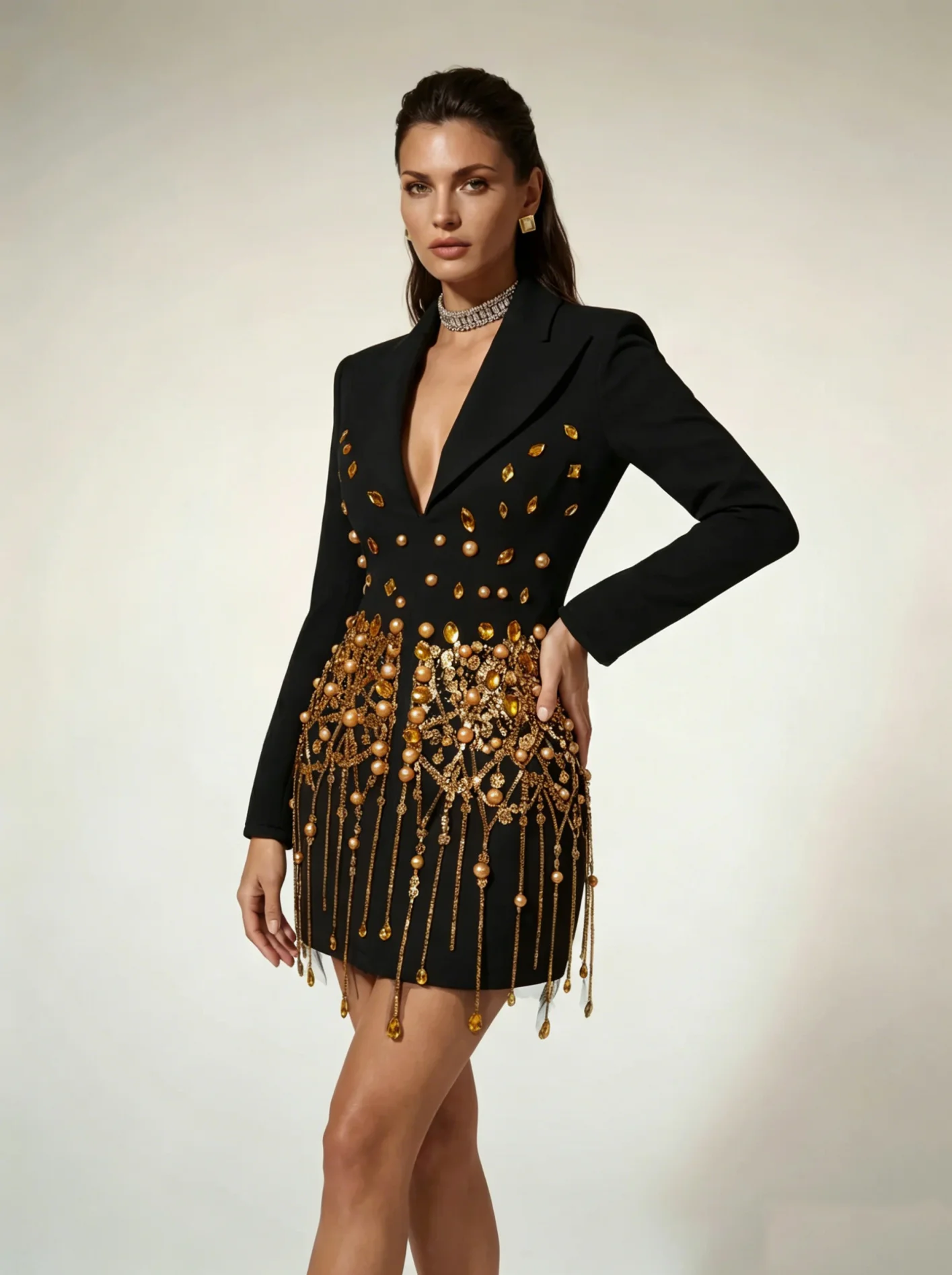 One Piece Black Women Tuxedos Gold Pearls Slim Fit Graduation Ceremony Attire Birthday Party Evening Wear Customized
