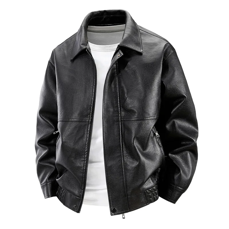 Men Solid Color Turn-down Collar Zipper Casual Trendy Simple Daily Faux Leather Jackets Spring Autumn American Style Male Coats