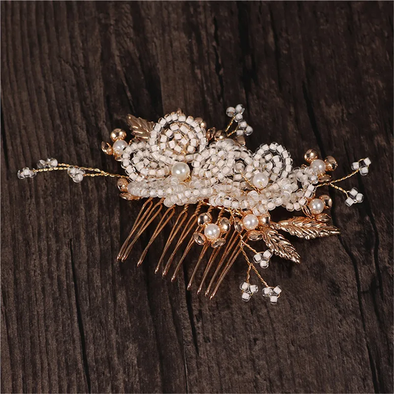 Beaded Floral Hair Comb Bridal Pins Clips Gold Color Leaf Wedding Hairpiece Handmade Women Hair Oranment