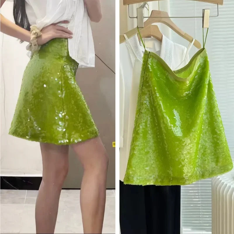 

Youthful Candy-Colored Heavily Embellished Sequined Mini Skirt Summer Fashion Trendy Green A-Line Skirt Shiny High-Waisted Skirt