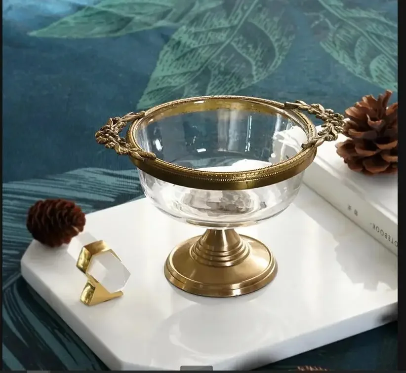 

Brass Glass Fruit Plate European Retro High Foot Plate Ice Cream Dessert Plate Jewelry Plate Home Kitchen Decoration Tableware