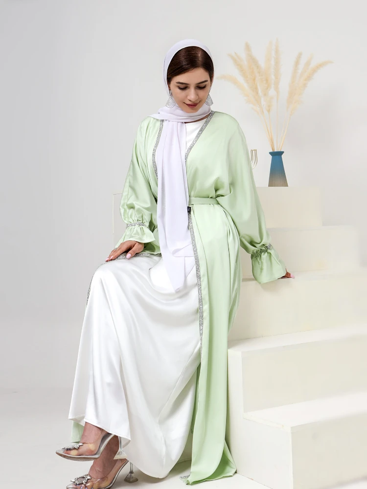 Eid sukienka Abaya dla kobiet 2-częściowy zestaw koralików kobiety jedwabista satynowa sznurowana Abayas garnitury Ramadan sukienki szata Kaftan Kaftan