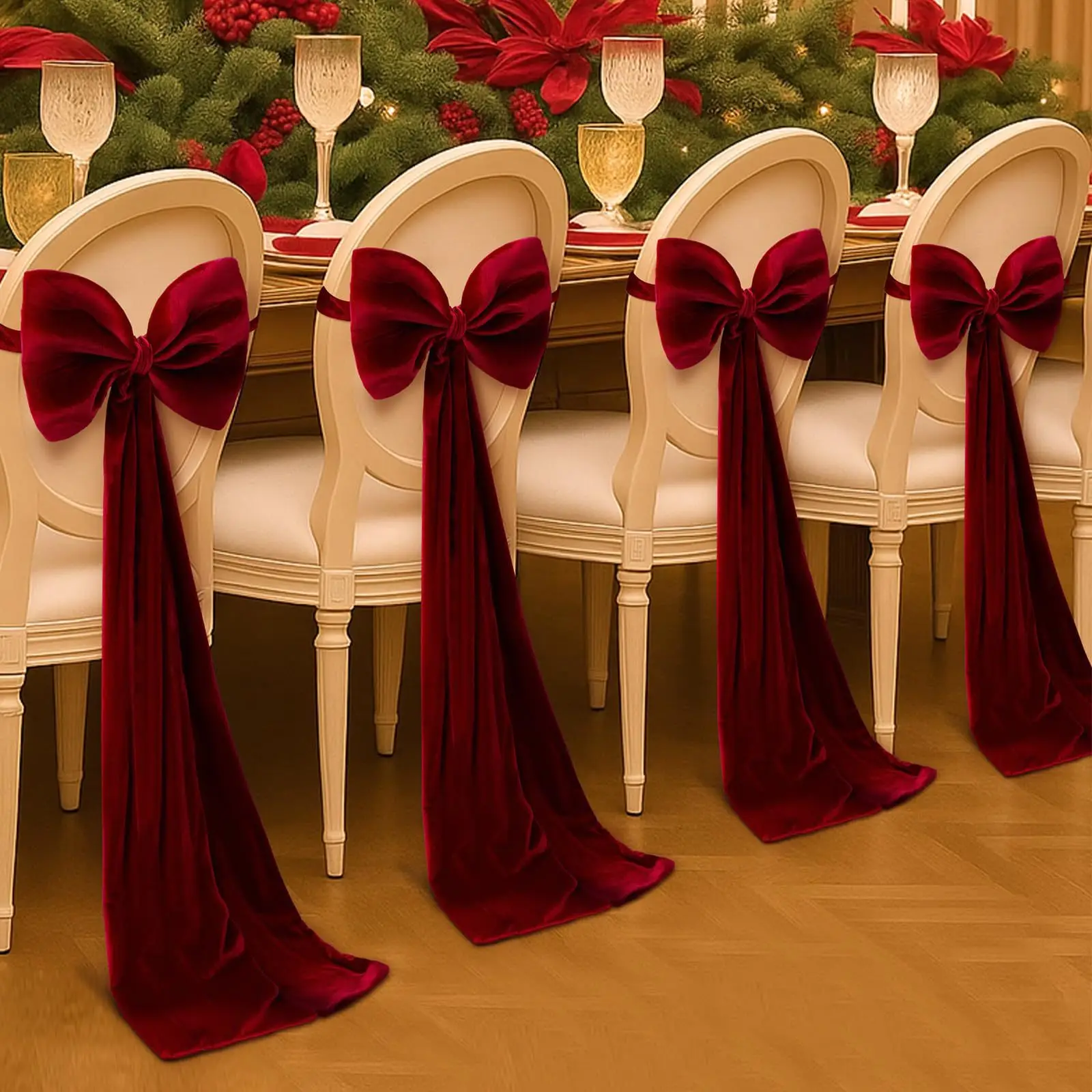 1pcs Wine Red Velvet Bow Chair Back Cover Chair Tie Backs for Christmas Wedding Party Banquet Table Decor Holiday Party Supplies