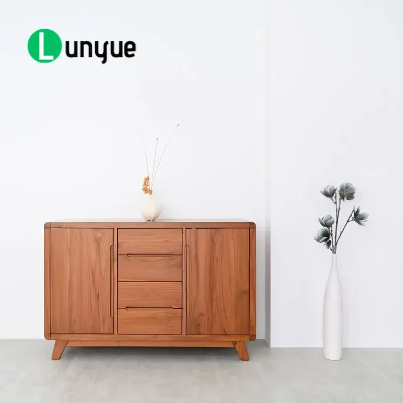 Nordic Style Teak Cabinet 2 Doors 4 Drawers Tapered Legs Modern Durable Sustainable Wood Storage Furniture for Living Room