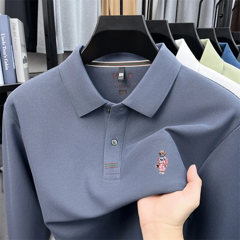 100% Cotton Men Long-Sleeve Polo Shirt Lapel Button Bear Embroidery Autumn Winter New Casual Fashion Breathable Men's Clothing