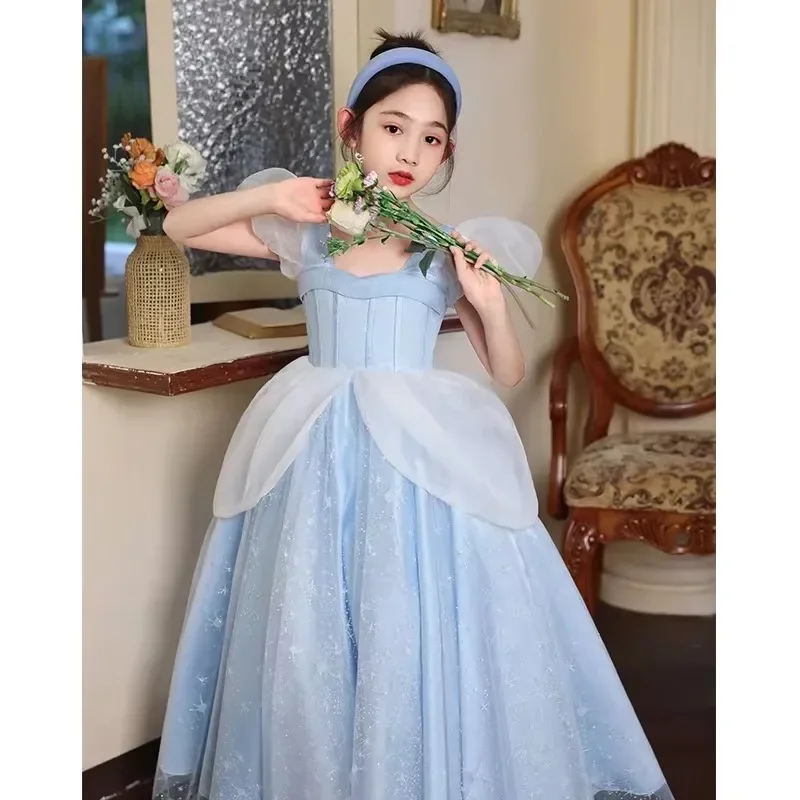 High-end Sweet Puff Sleeve Kids Gauze Vestidos Children Flower Girls Fairy Tale Princess Wedding Christmas Party Long Dress