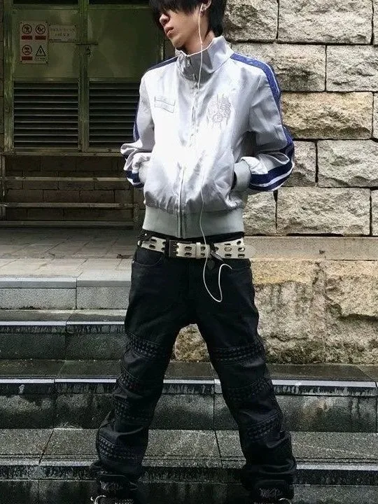 American Street Style Basketball Jacket Men's Short Version Polyester Fiber Windproof Casual Fashion Design Blue Weave Texture