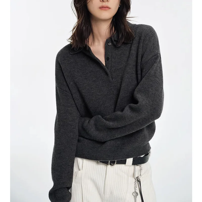 

2026 Spring and Autumn New Collection Stacked Retro Versatile Polo Collar High Quality Knitted Sweater