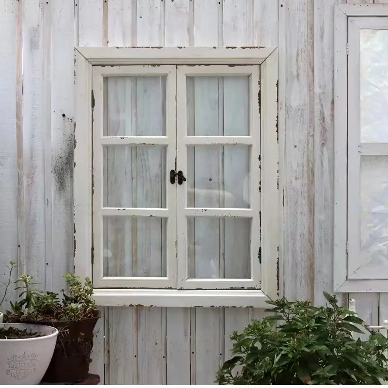 Farmhouse White Faux Window, Rustic Wood Glass Wall Decor