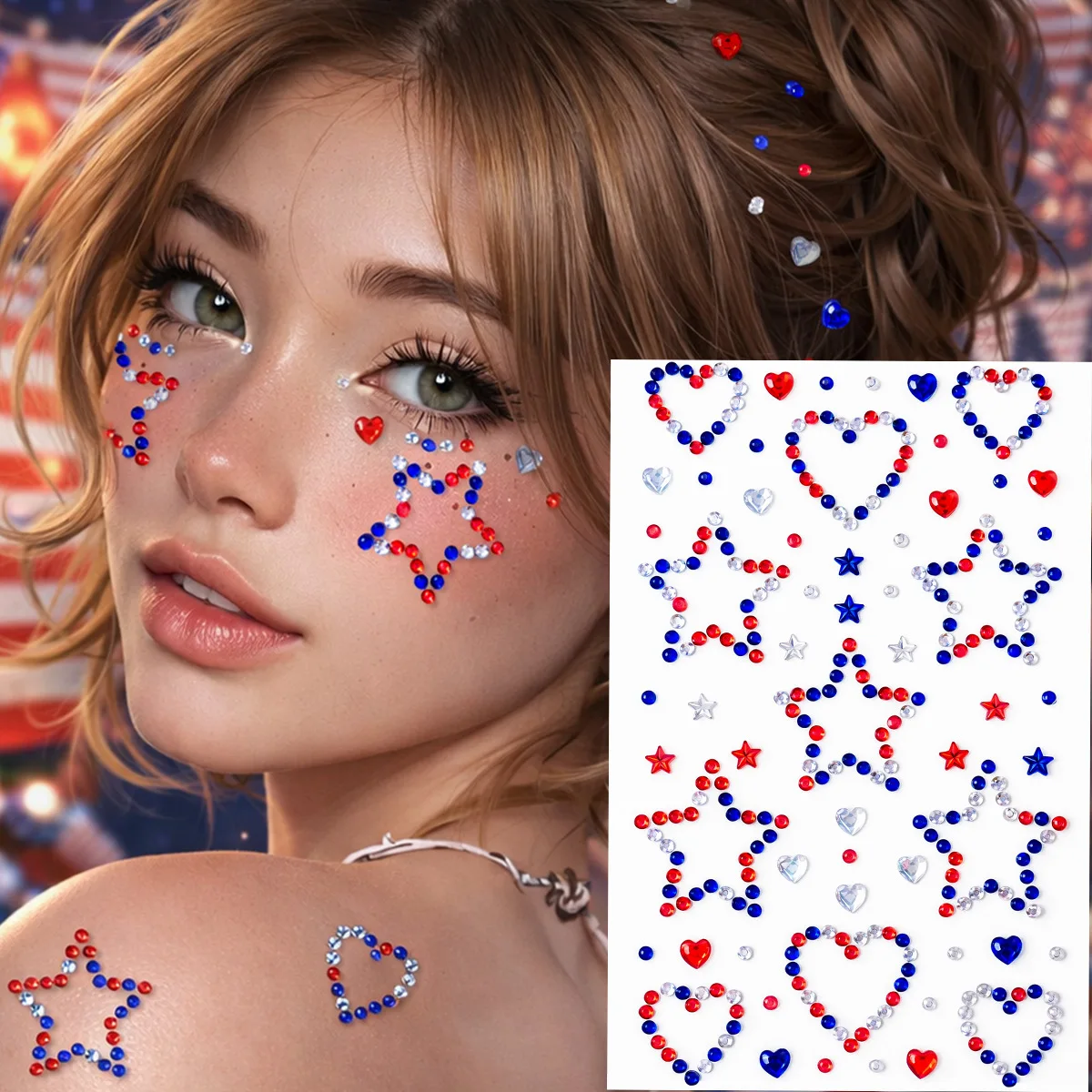 Face Diamond Stickers Colored Rhinestones Self Adhesive Waterproof for Stage Makeup Independence Day Party Decor