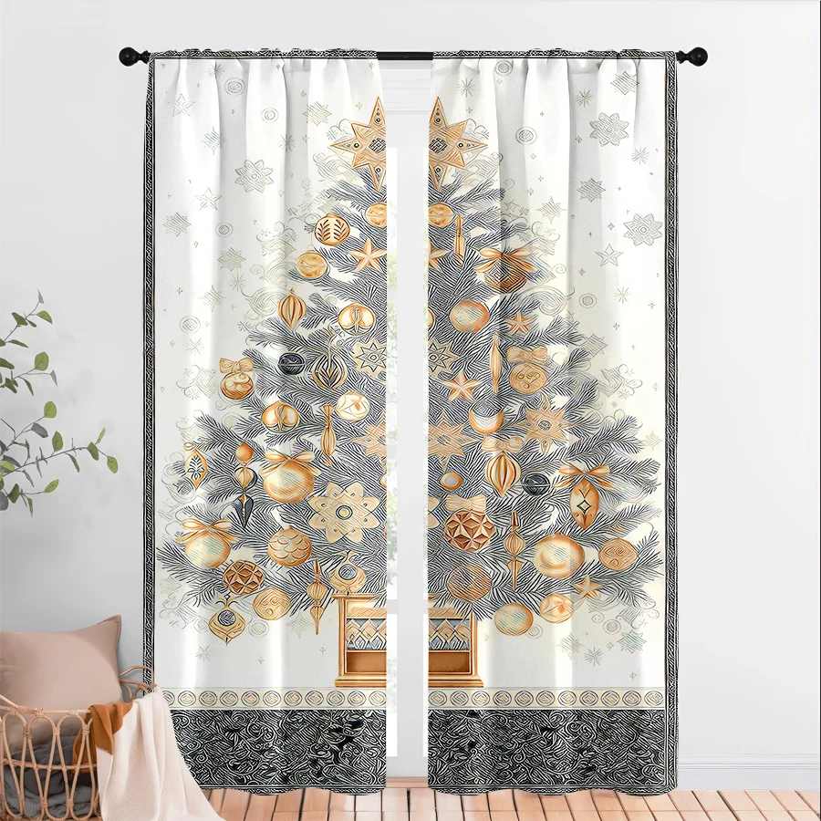 2PCS Christmas Digital Print Curtains, White Silver Xmas Tree Gold Ornaments, Simple for Living Room Bedroom Window Decor