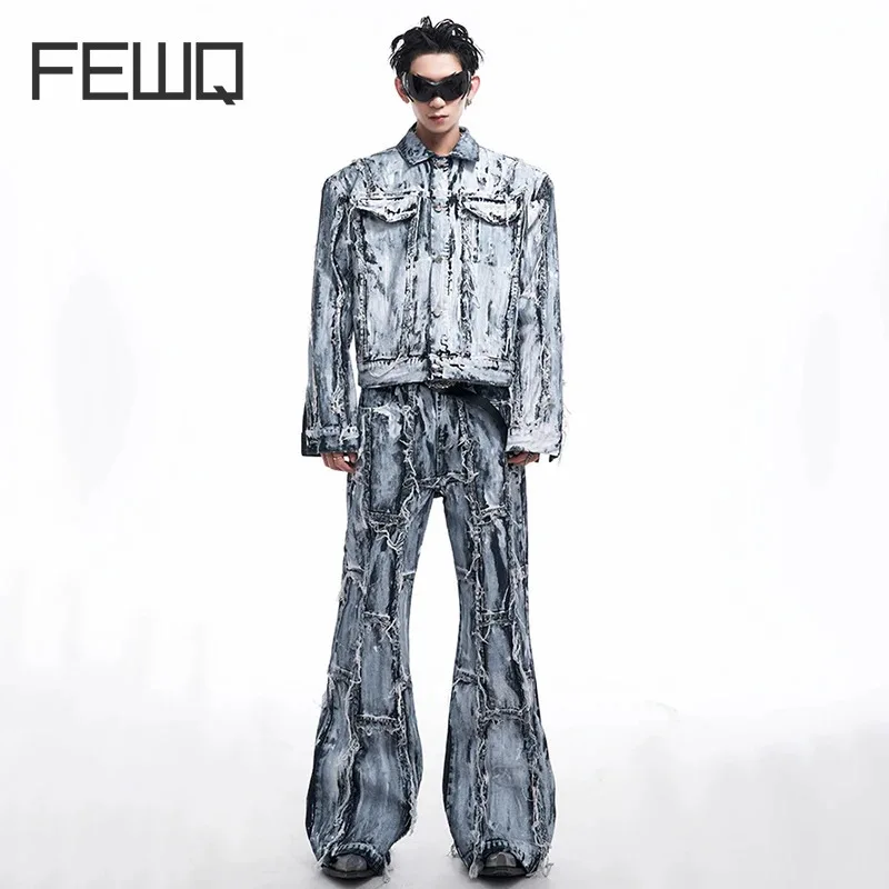 FEWQ High Street Men\'s Suits Raw Edge Single Breasted Coated Denim Jackets Loose Straight Wide Leg Trousers Male Sets 24E2596