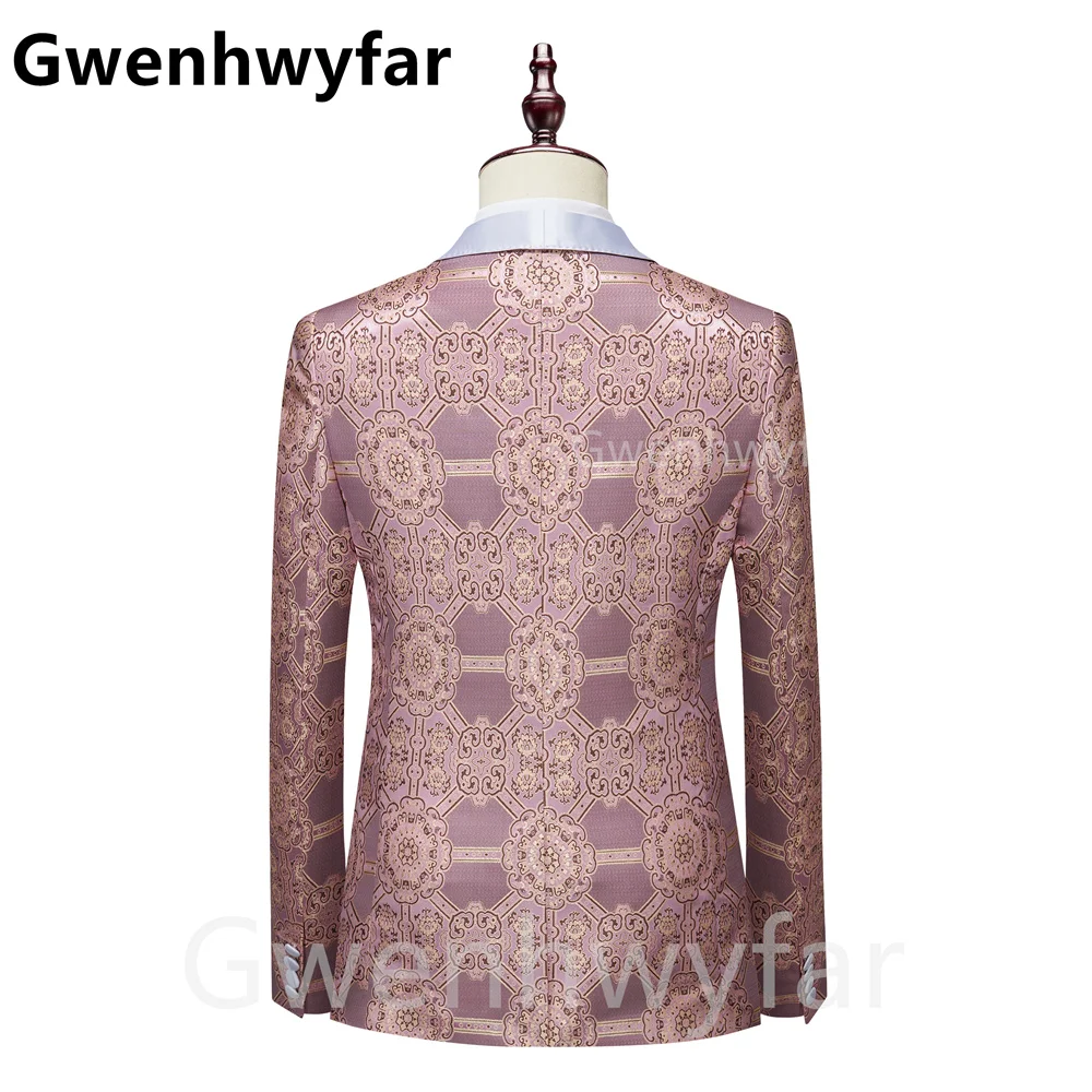 Gwenhwyfar Men's 3 Piece Light Pink Jacquard Suits Elegant Wedding Dress Blazers Set Luxury Full Coat Pants Design With Business