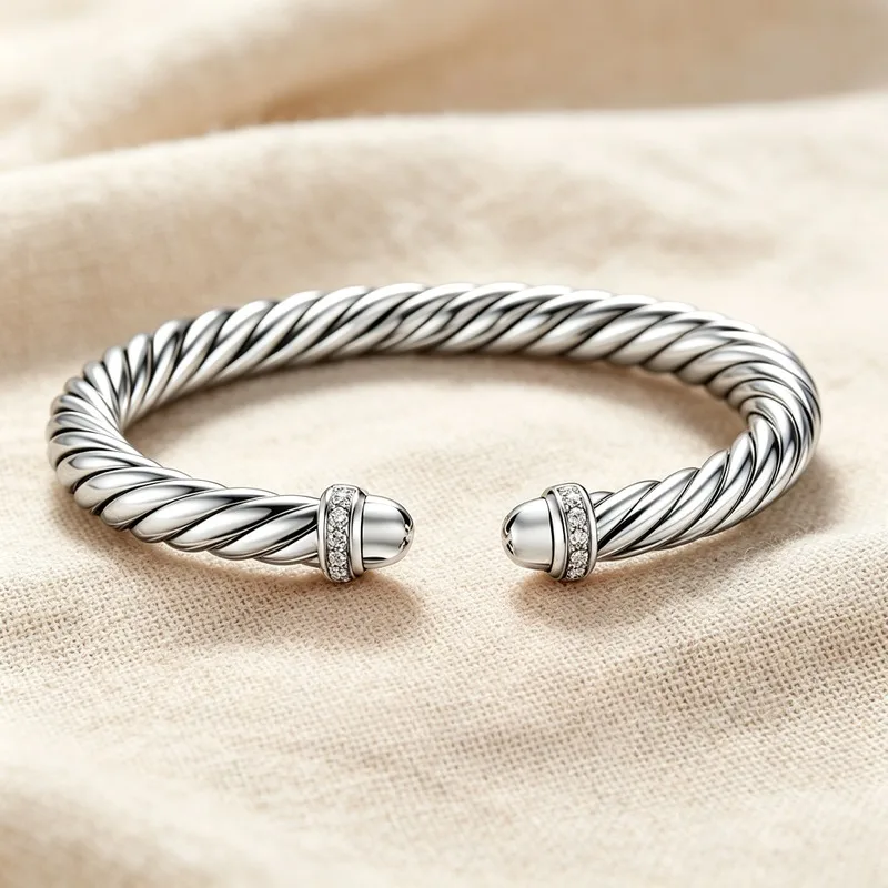 Silver Tone Alloy Wide Twisted Cable Flex Bracelet for Women, Spiral Bangle with CZ Pavé Detail, Minimalist Everyday Jewelry