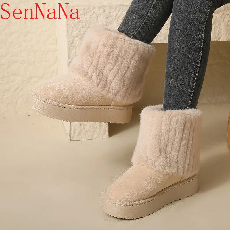 Women Snow Boots Fur Platform Flats Warm Shoes Winter Plush 2024 New Brand Mid Calf Non-Slip Trend Suede Thick Mujer Zapatos