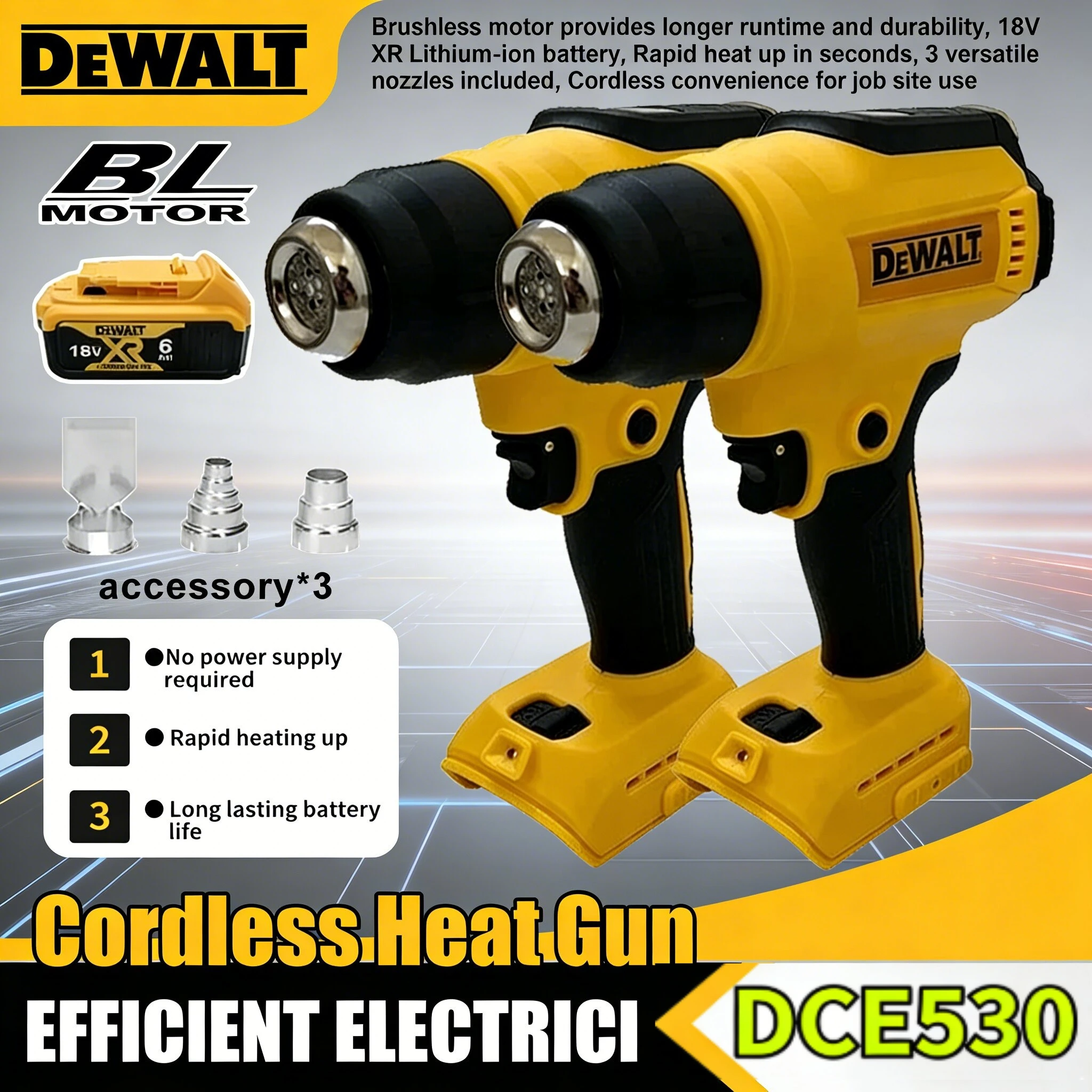 

Термофен DEWALT DCE530 300 Вт, беспроводной, высокомощный, для сварки и термоусадочной упаковки, совместим с аккумулятором 18 В