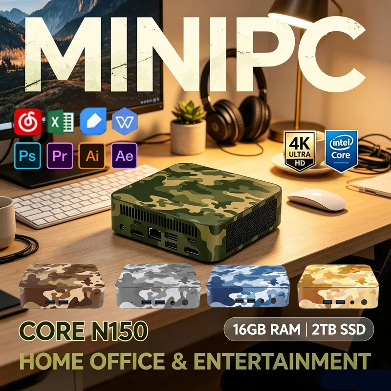 Premium N150 Desert Camo Mini Pocket PC Win11 16GB 2TB SSD WiFi6 BT5.2 4K Workstation for Game Stream Media & Video Edit
