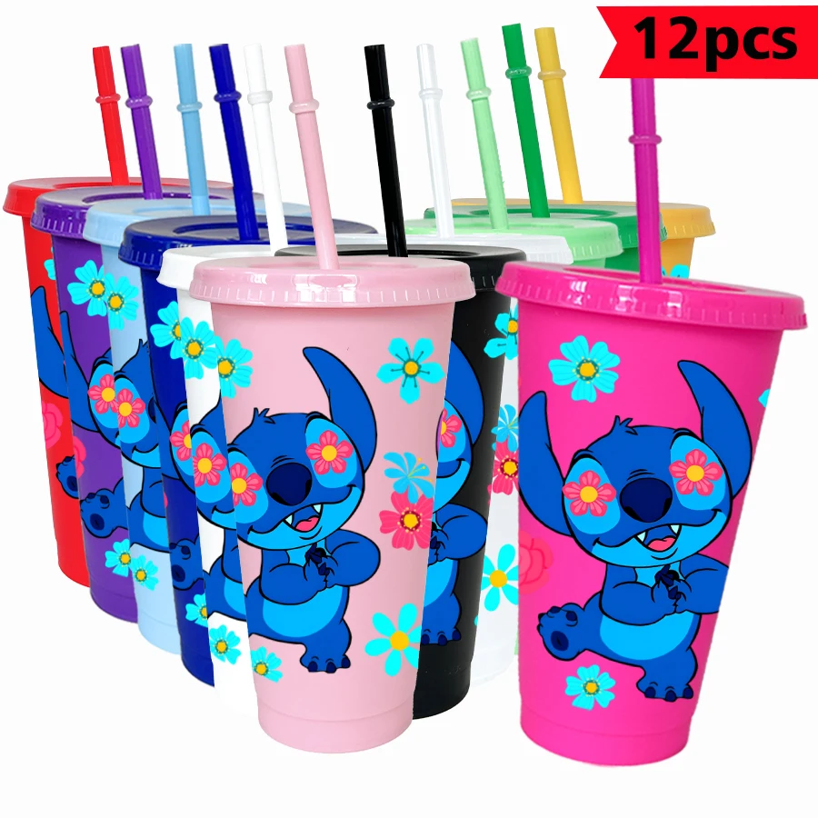 

12Pcs/pack Disney Stitch Flowers 26oz Colored Plastic Tumbler Birthday Party Drinking Utensils Juice Coffee Mug