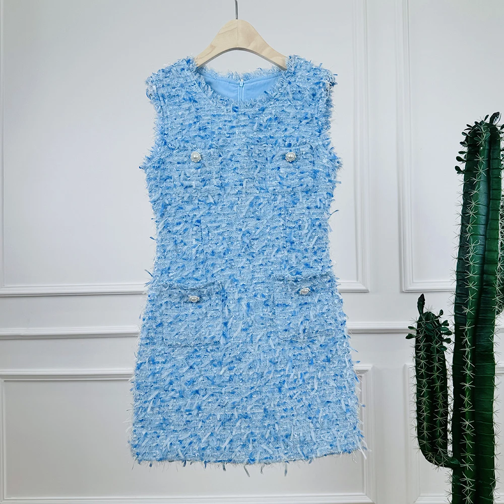 Sweet French Fashion Women Blue Tassel Tweed Vest Dress New Vintage Autumn Winter Sleeveless Tank Pearl Button A Line Vestidos