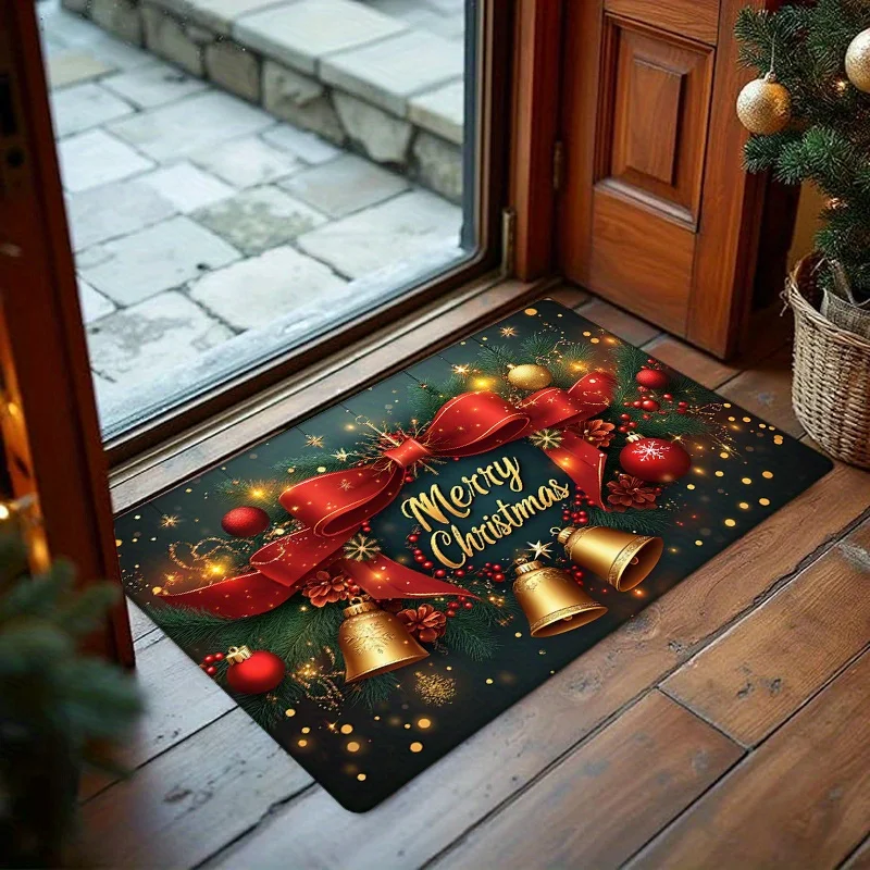 

Christmas Entry Mat - Non-Slip Door Mat with Merry Christmas Golden Lettering, Red Bows & Golden Bells - Machine Washable