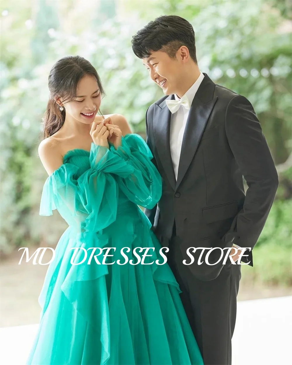 MD A-line Fairy Green Wedding Dresses Sweetheart  Bride Gowns Korea Photoshoot Ruffles Layered  Formal Party Gown Customized