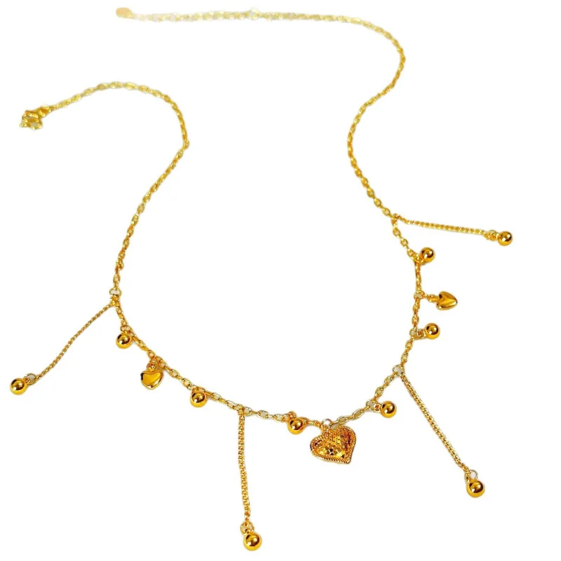 100% Real 24K Gold Crushed Ice Heart Tassel Necklace, Light Luxury Niche Design Elegant Women'S Chain