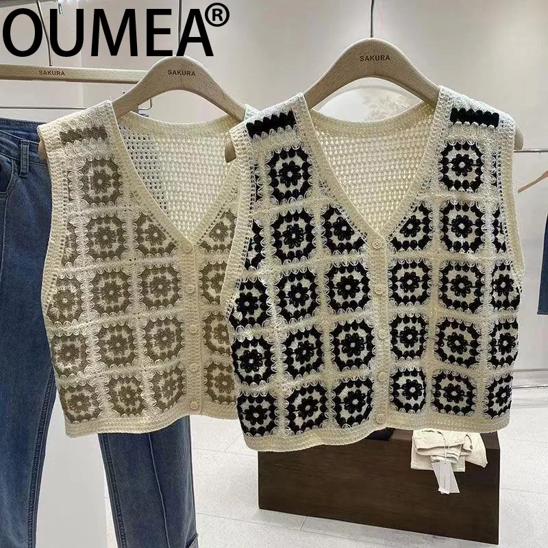 OUMEA Women Boho Style Sweater Vest Check Pattern Spring Ethnic Cardigan Buttons Front Vintage Knitting Hollow Out Cardigan