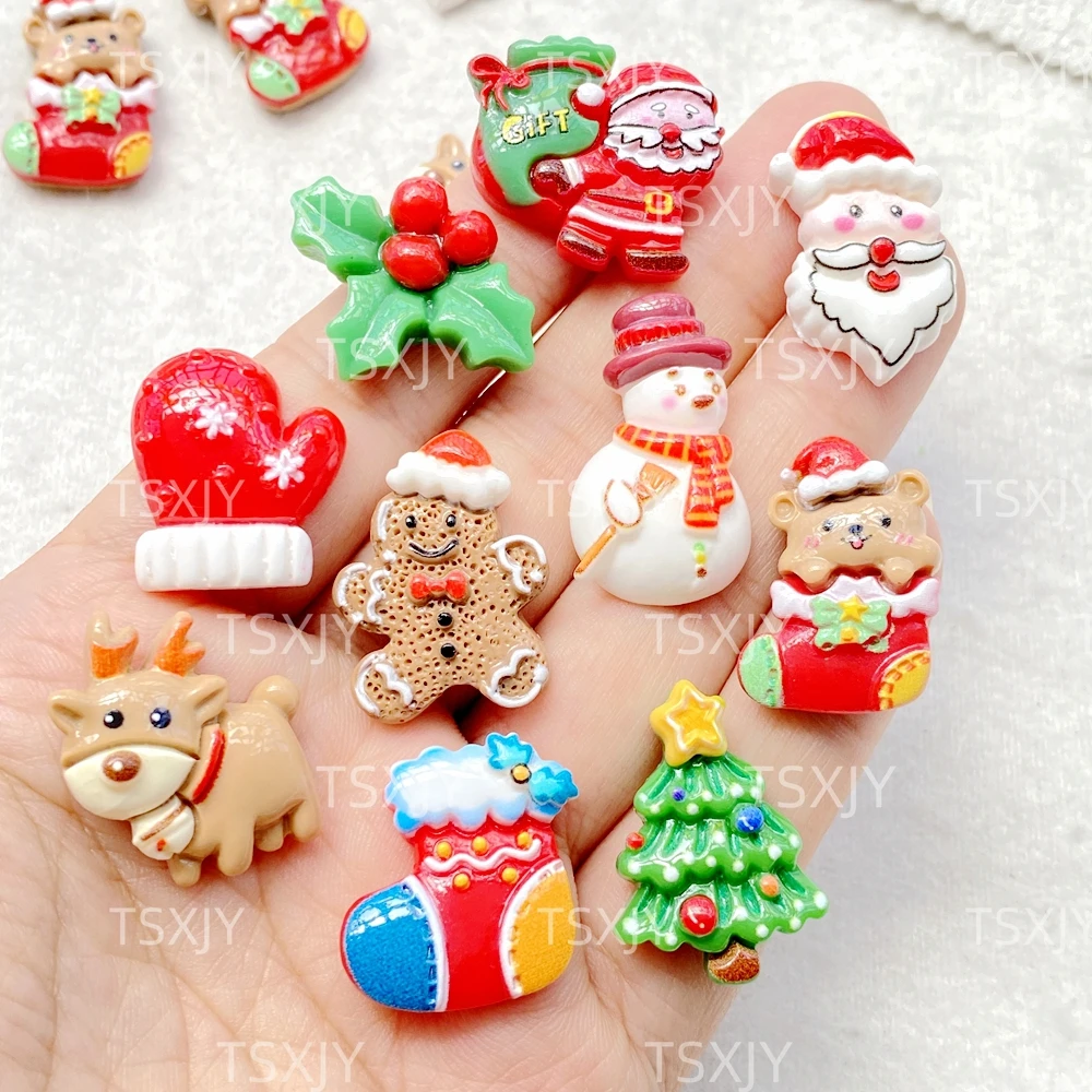 10Pcs New Cute Christmas Collection Resin Figurine Crafts Flat back Cabochon Ornament Jewelry Making Hairwear Accessories