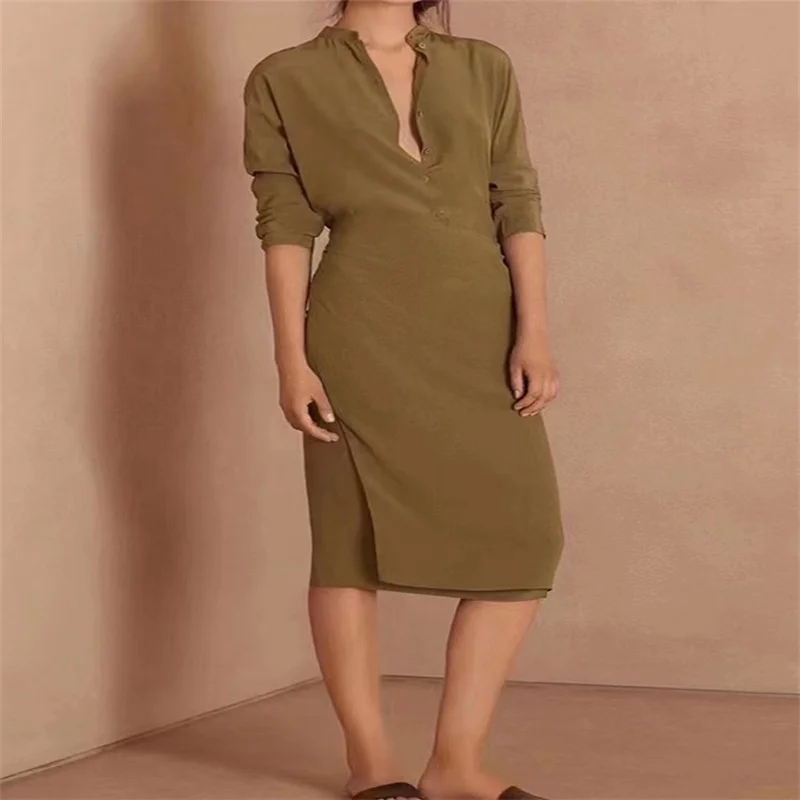 

Spain's niche 2024 spring/summer new stand up collar cardigan long sleeved semi wrapped silk dress