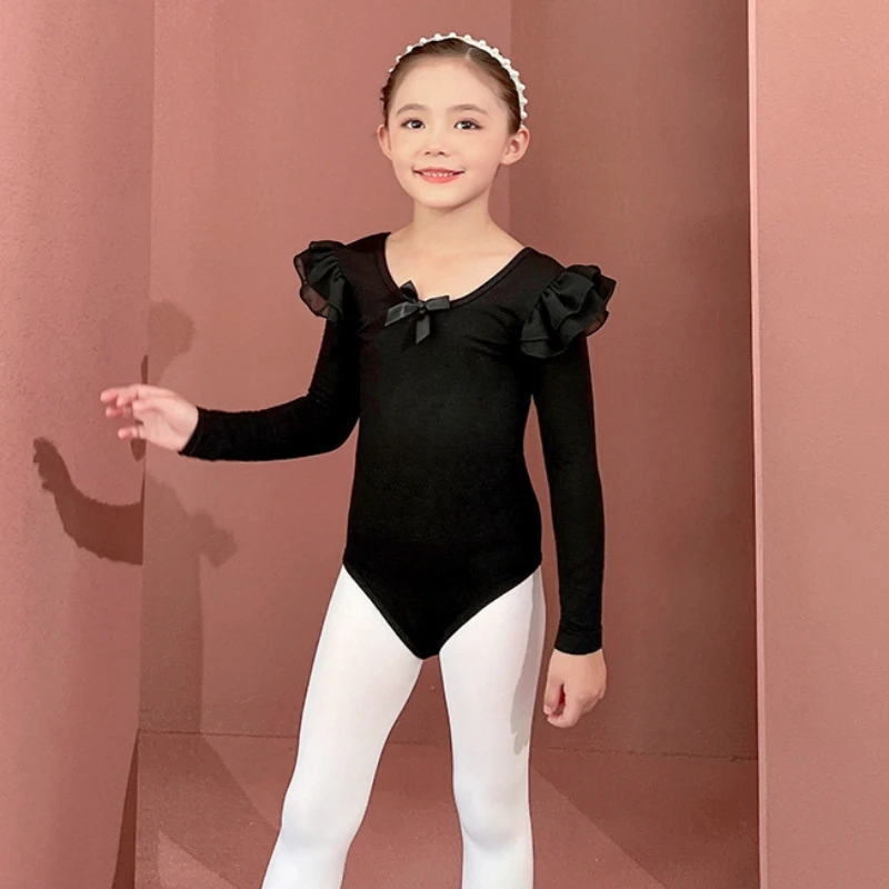 Justaucorps de danse de Ballet à manches longues pour fille, classique, col rond, dos nu, nœud décoratif, body de gymnastique, automne/hiver