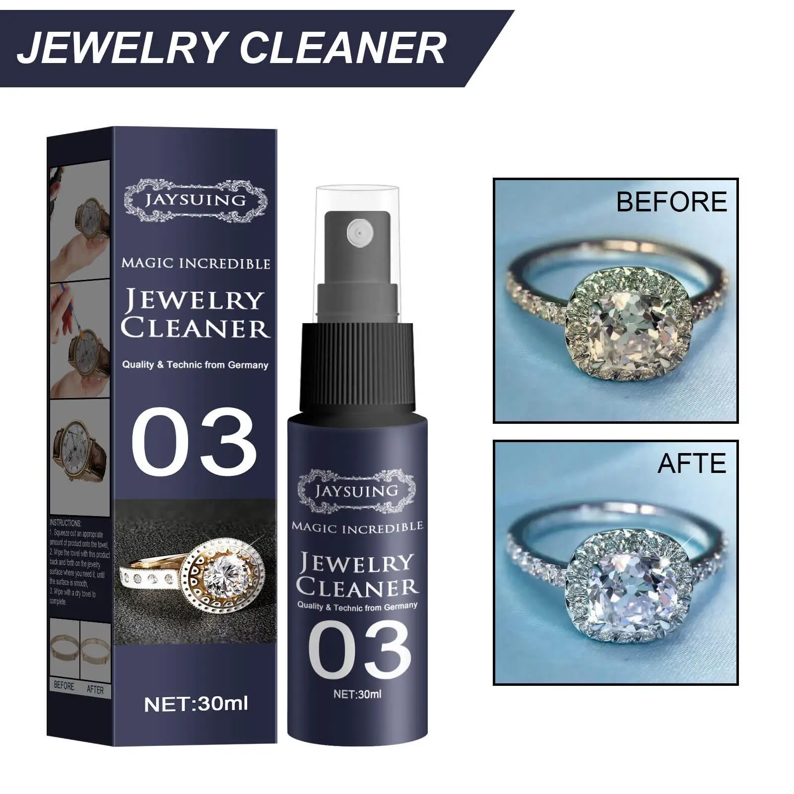 Jewelry Cleaner Cleaning Solution Tarnish Remover Stain-free Smooth Diamonds Gold Jewelry Clean Liquid Polishing Spray Kits