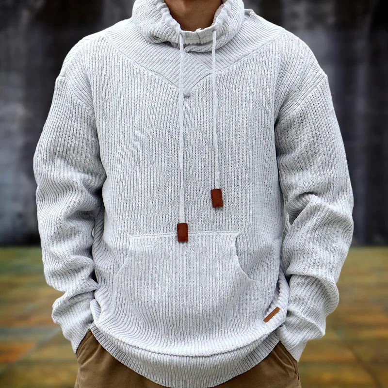 Men's Hoodie Autumn and Winter Drawstring Pile Up Collar Knitted Sweater Casual Pullover Sweater Jacket Mens Clothing