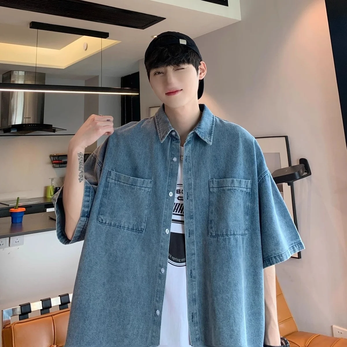

American High Street Sle Loose Fit Waed Denim ort Sve Casual irt ex Summer Trendy Brand Outerwear