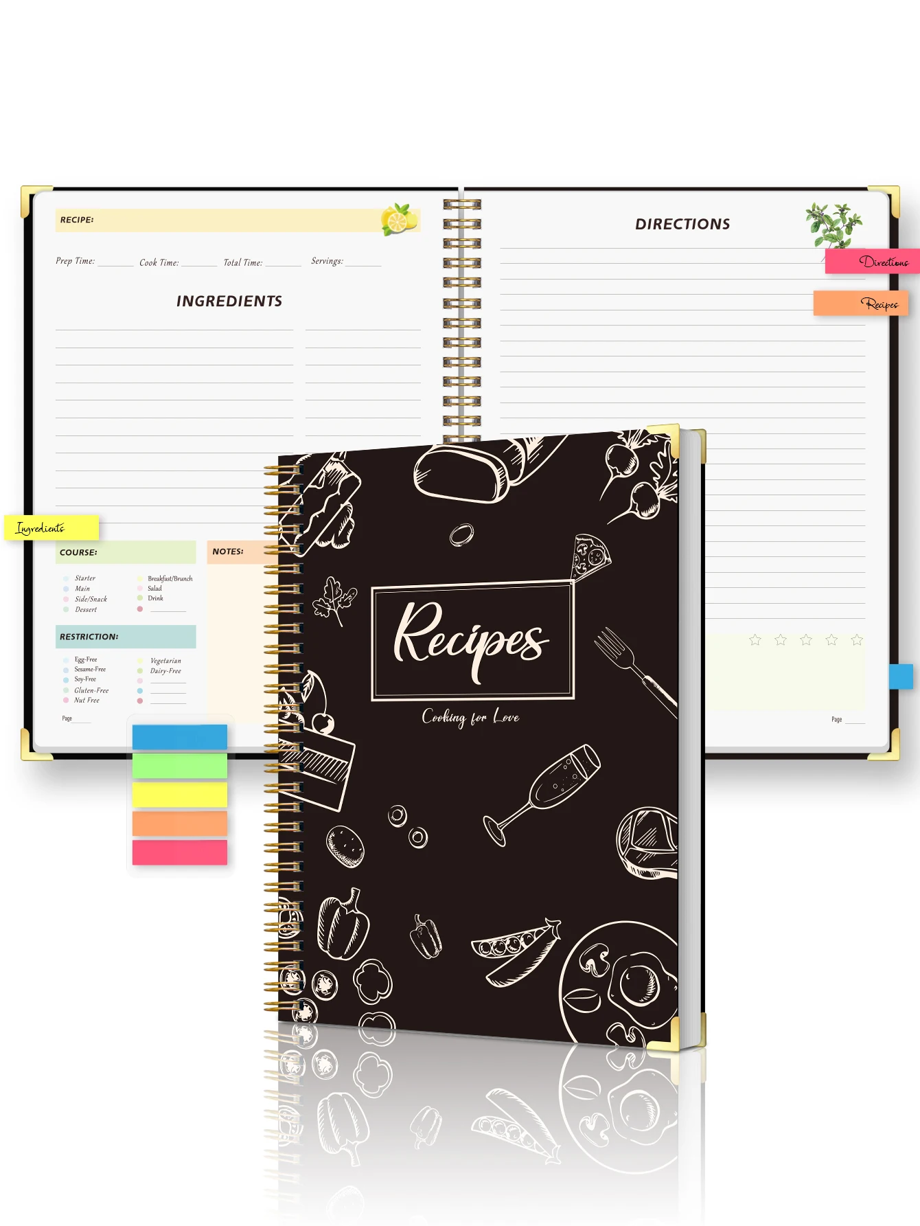Recipe Journal Notebook, Spiral Recipe Book with Tabs, Ingredients, Directions, Notes & Review Pages, Kitchen Cooking Gift
