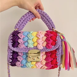 Modna kolorowa szydełkowa torba Crossbody damska torba typu Hobo torba z dzianiny gruba lina tkana torba na ramię mała damskie portmonetki z klapką