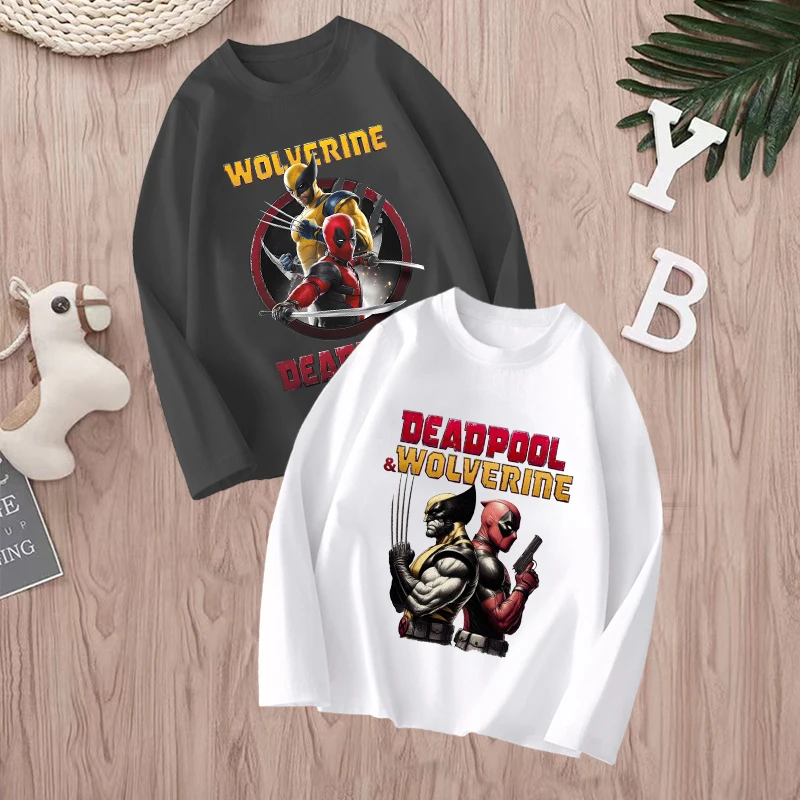 Deadpool & Wolverine Sweatshirt Kids Marvels Action Figures Tees Long Sleeves Boys Spring Autumn Pullover Children Clothes Gift