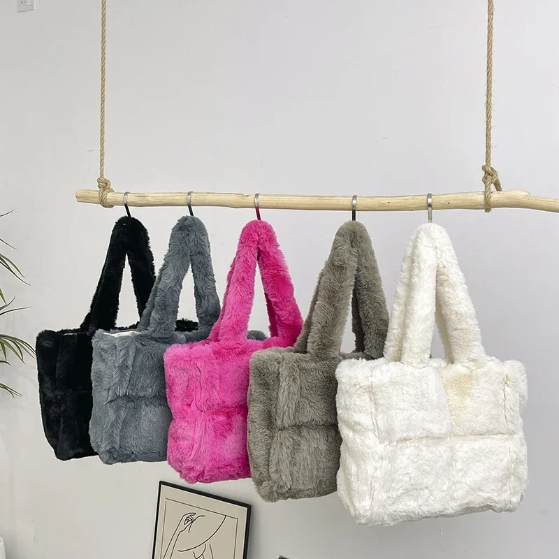 LEFTSIDE Soft Faux Fur Large Shoulder Bags for Women 2024 Y2K Winter Designer Korean Fashion Handbags Trend Warm Tote Bag