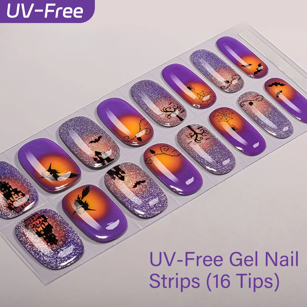 Halloween Gel Nail Strips Baking-Free Full Cover Gothic Gel Nail Sticker Long Lasting Gel Manicure Decals Decoration Stickers