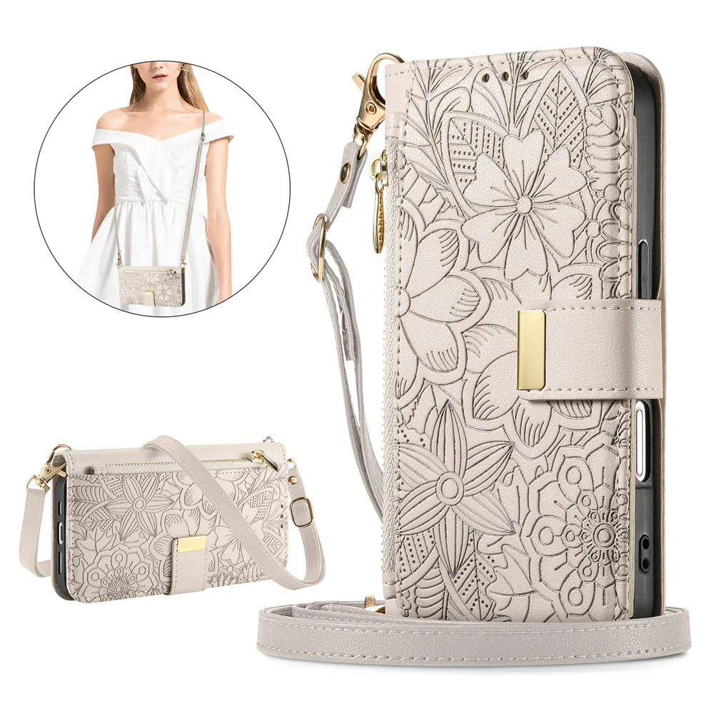 Étui portefeuille à rabat en cuir avec fermeture éclair, fente pour carte, pour IPhone 16E 16 Plus 15 14 13 12 17 Pro Max, dragonne Funda