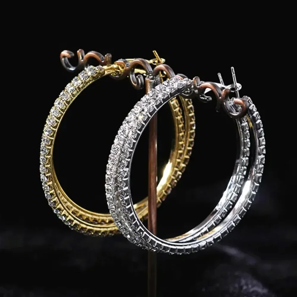 Shiny Big Rhinestone Hoop Earrings for Women Statement Exaggerated Round Circle Earrings Hoop Jewelry Accessories