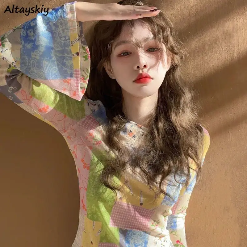 Mesh T-shirts Women Sunproof Colorful Print Patchwork Spring Summer Thin Hotsweet Flare Sleeve Slim Tops Design Outerwear Chic