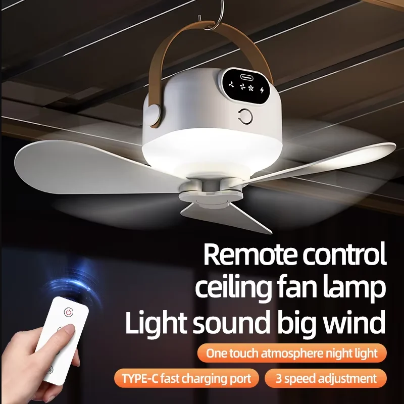 Ceiling Fan Portable Camping Tent Ceiling Canopy Fan Rechargeable Wireless Fan Air Circulators with Remote Control Light