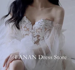 FANAN Photoshoot Korean Puff Sleeves Customized Tulle Lace Appliques Wedding Dress Elegant Classic Bride Dresses Bridal Gowns