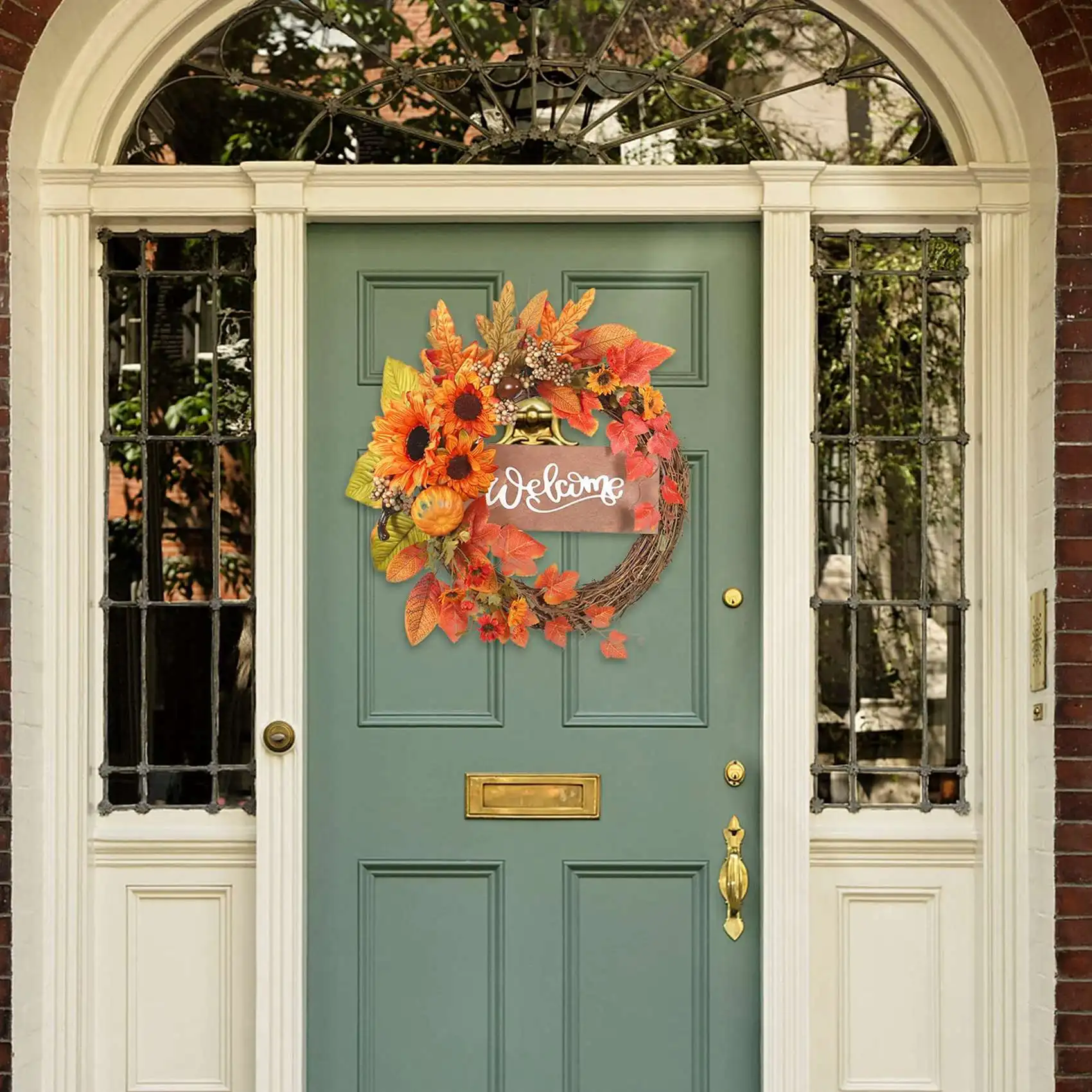 

AA94-Fall Wreaths For Front Door Autumn Harvest Artificial Wreaths With Pumpkins Maple Leaf And Berry For Thanksgiving Day
