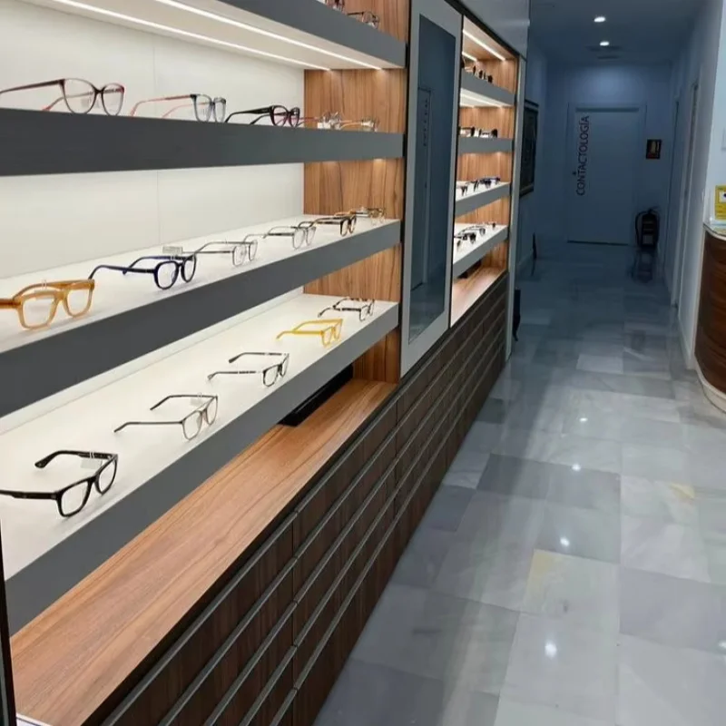 custom.Customized Modern Wooden LED Lit Eyewear Store Fixtures Sunglasses Wall Display Shelf Adjustable Height Retail Optica